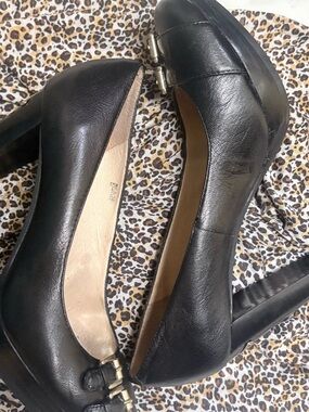 Michael Kors Black Leather Block Heel Pumps with Gold Hardware